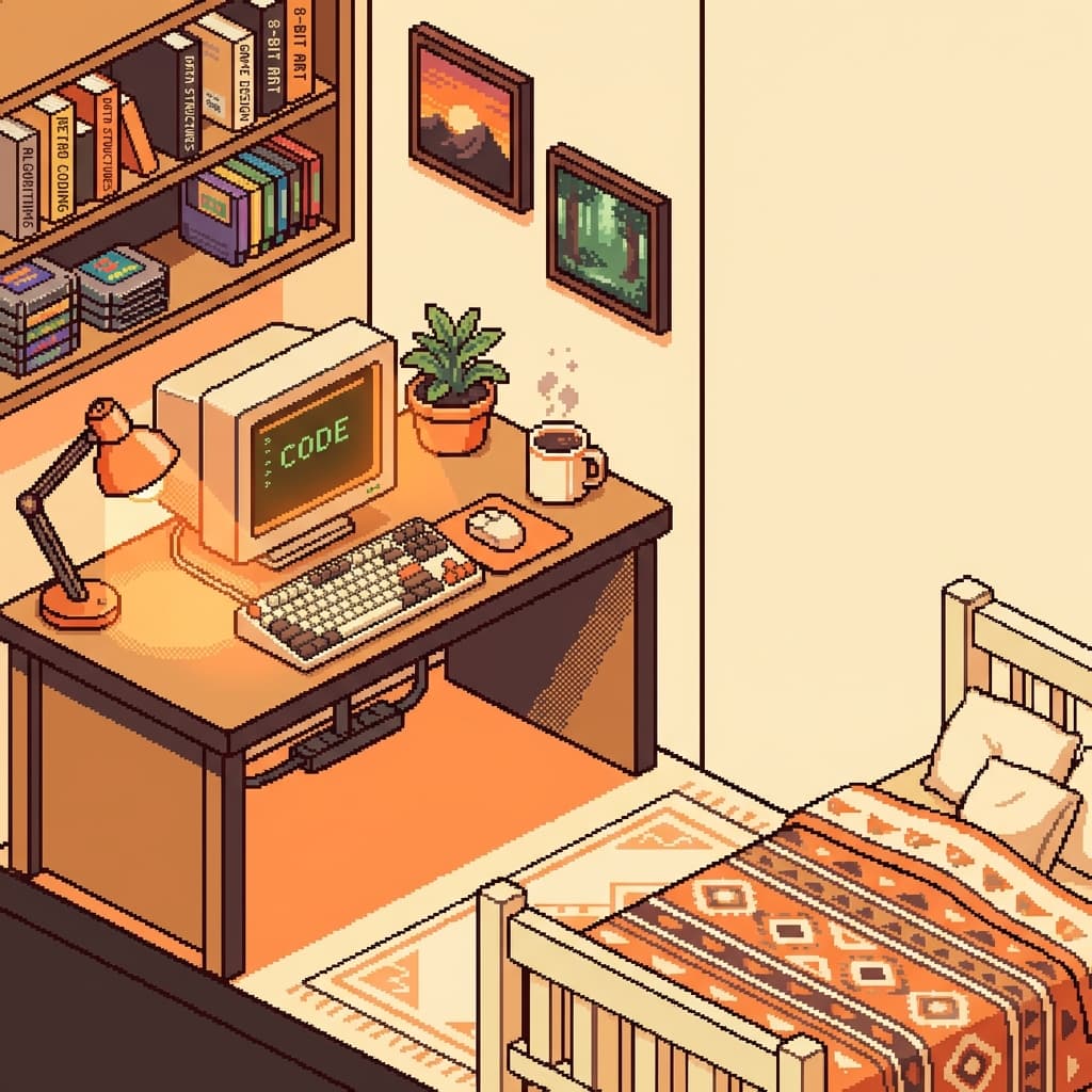 Cozy pixel art workspace
